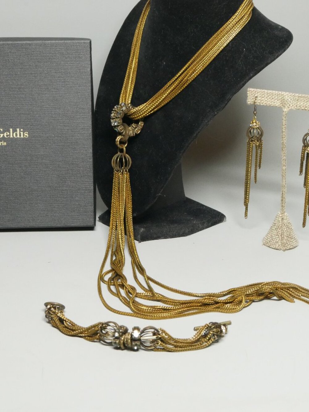 Aris Geldis Jewelry Set Necklace Earrings Bracelet Paris Metal Knots Rhinestones